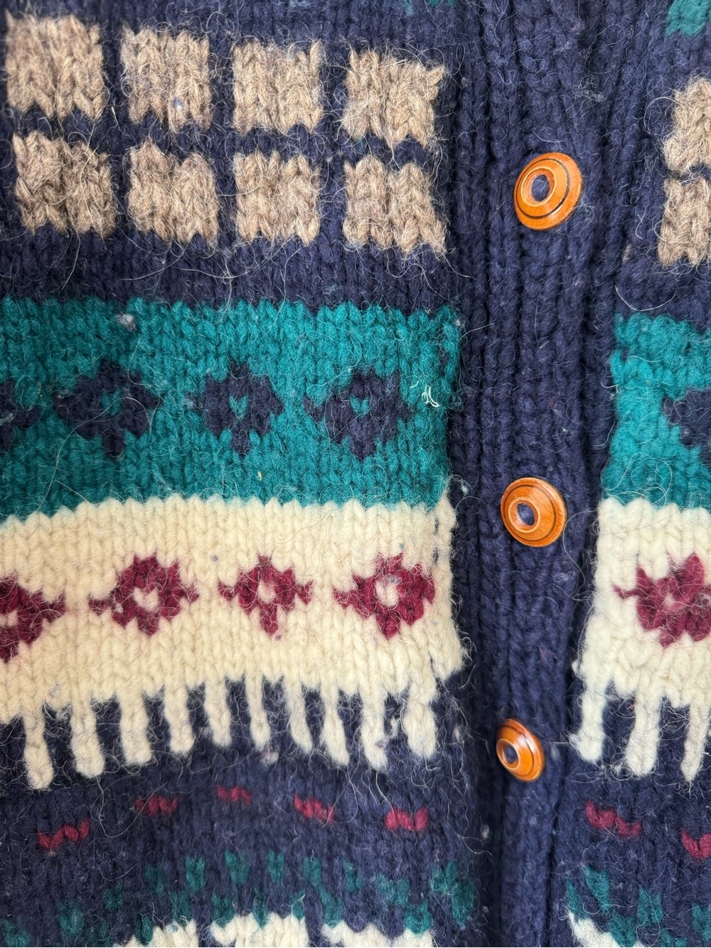 Handmade 100% Wool Multi-Pattern Cardigan Sweater - Picture 3 of 4
